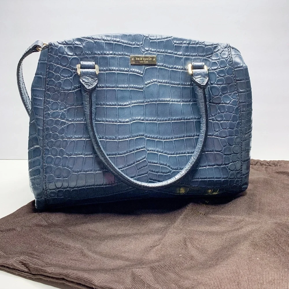 Kate Spade Slate Blue Handbag Reptile Leather Hand Straps Shoulder Crossover NEW